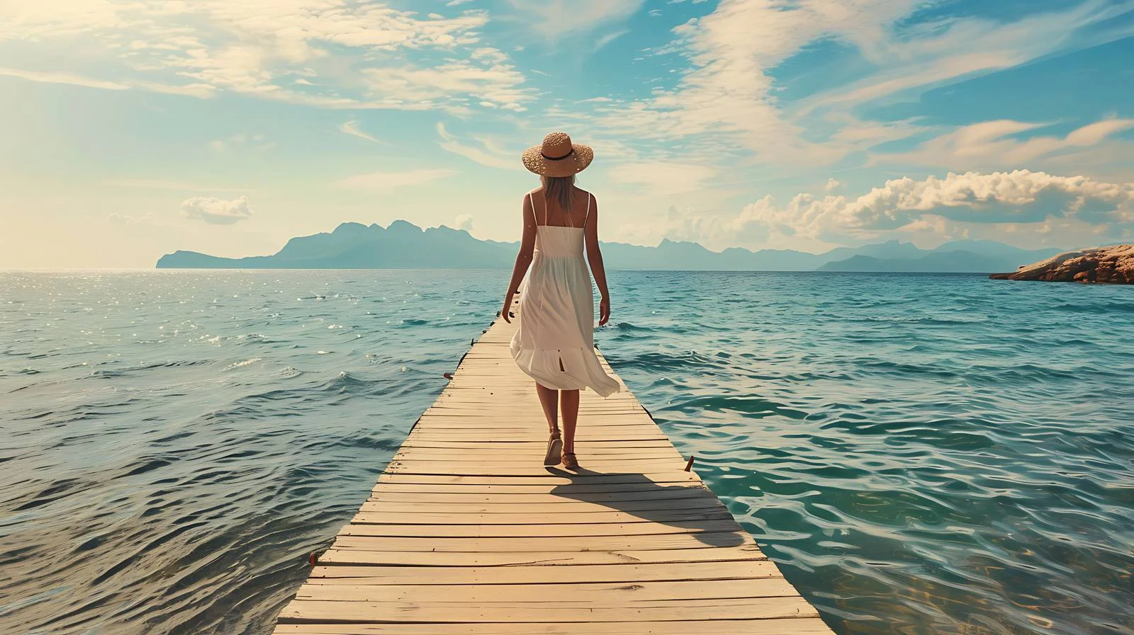 Joyful woman strolling along Mallorca pier — free download from Dotvec