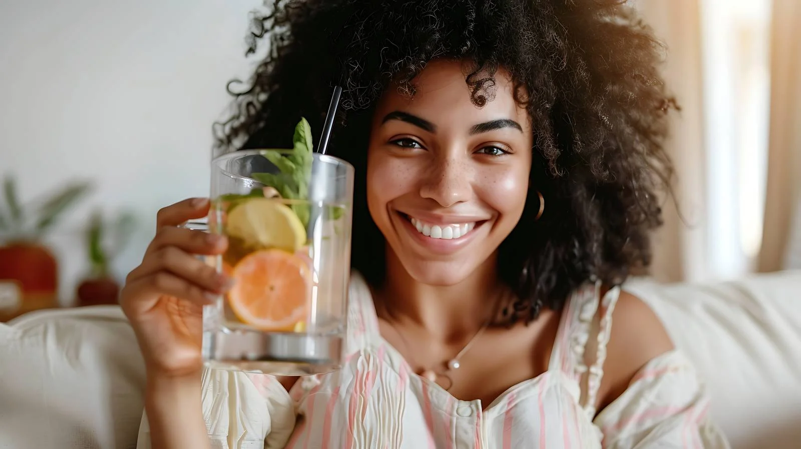 Joyful Woman Drinking Infused Water — free download from Dotvec