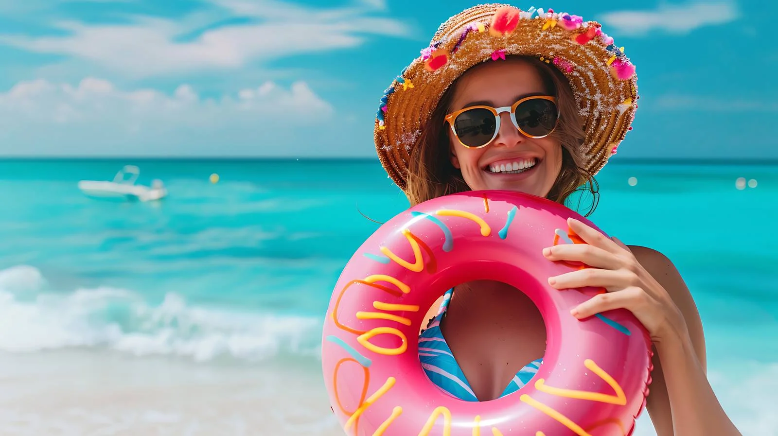 Joyful Woman with Inflatable Donut at Beach — free download from Dotvec