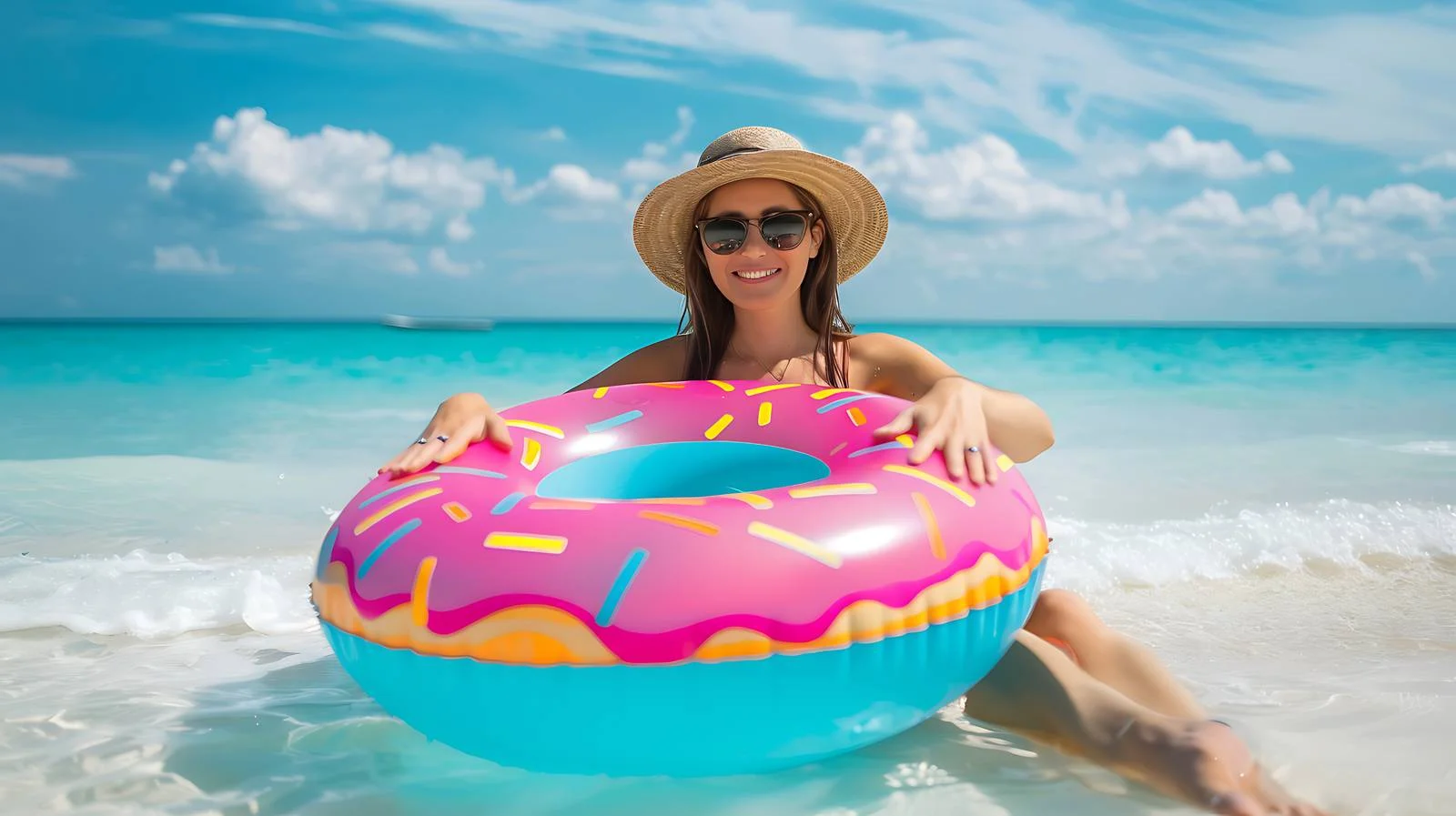 Joyful Woman Beach Donut Fun — free download from Dotvec