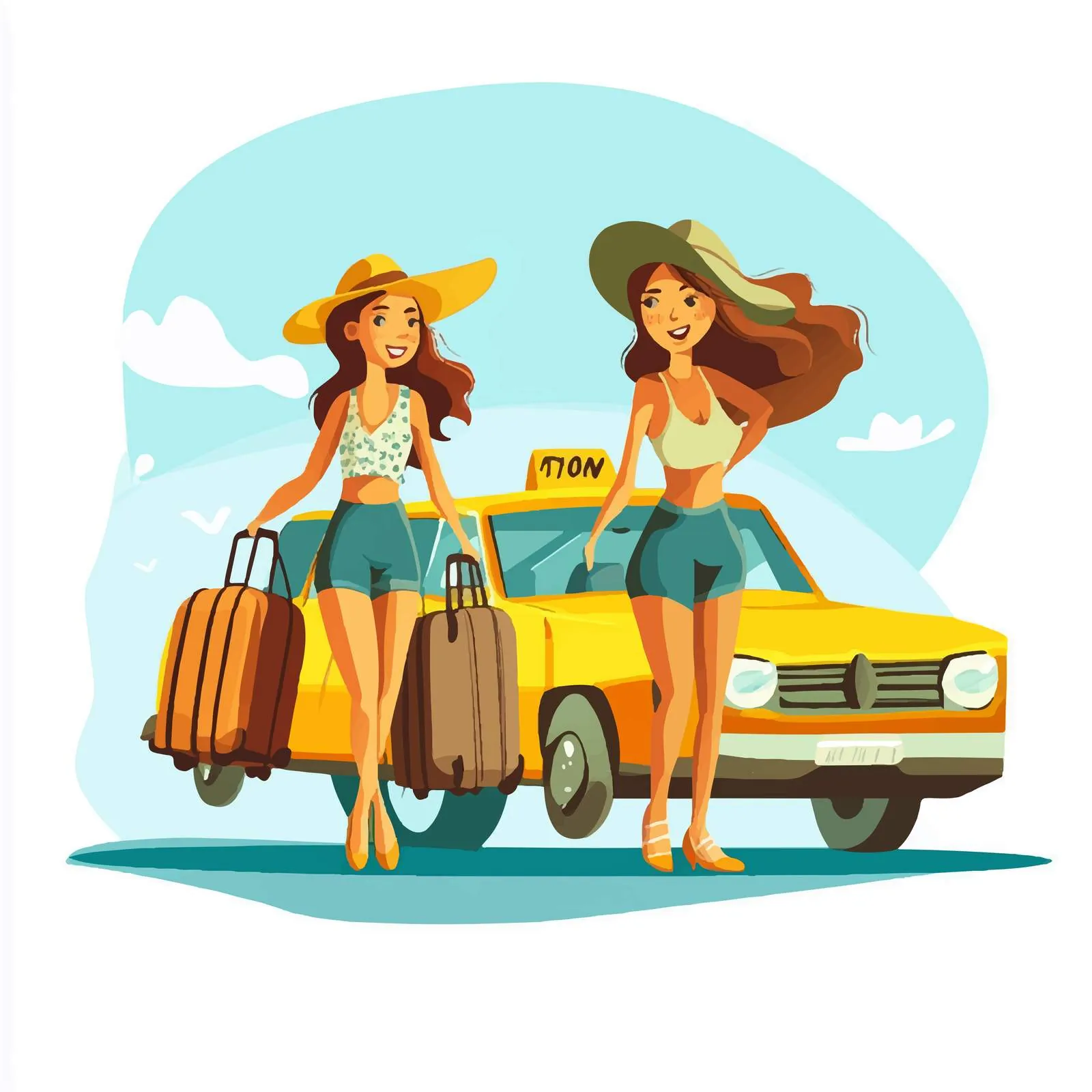 Women Traveling with Baggage by Yellow Taxi – free female travel image from Dotvec