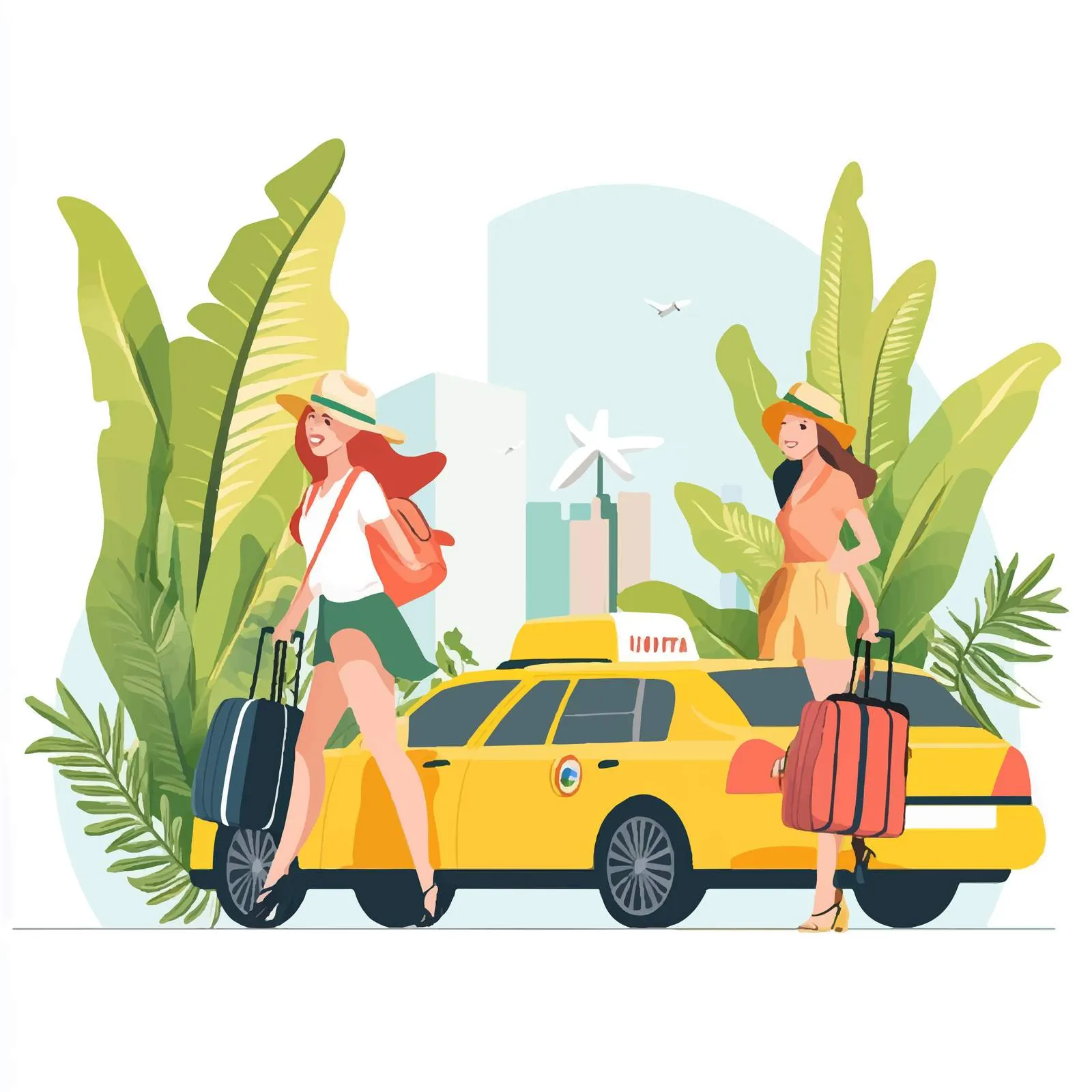 Women Vacationing with Baggage Near Yellow Taxi — free download from Dotvec
