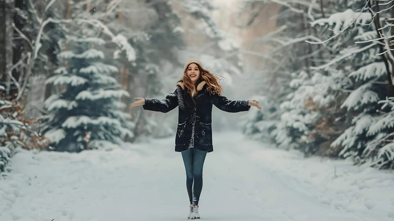 Joyful Young Woman Spinning on Snowy Ground — free download from Dotvec