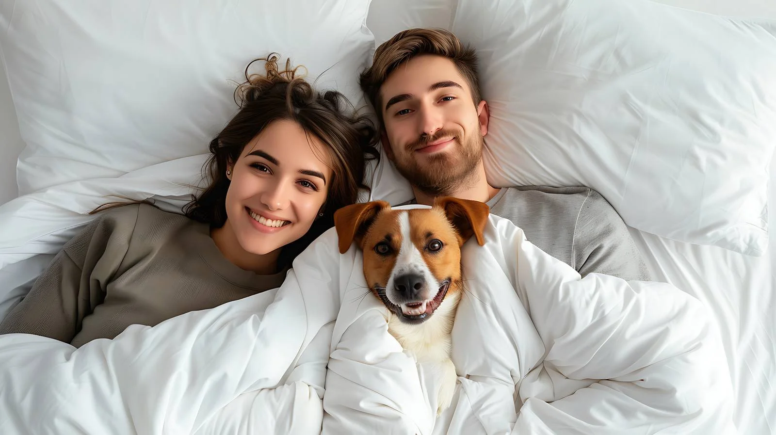 Joyful Couple, Dog, Bed Isolation — free download from Dotvec