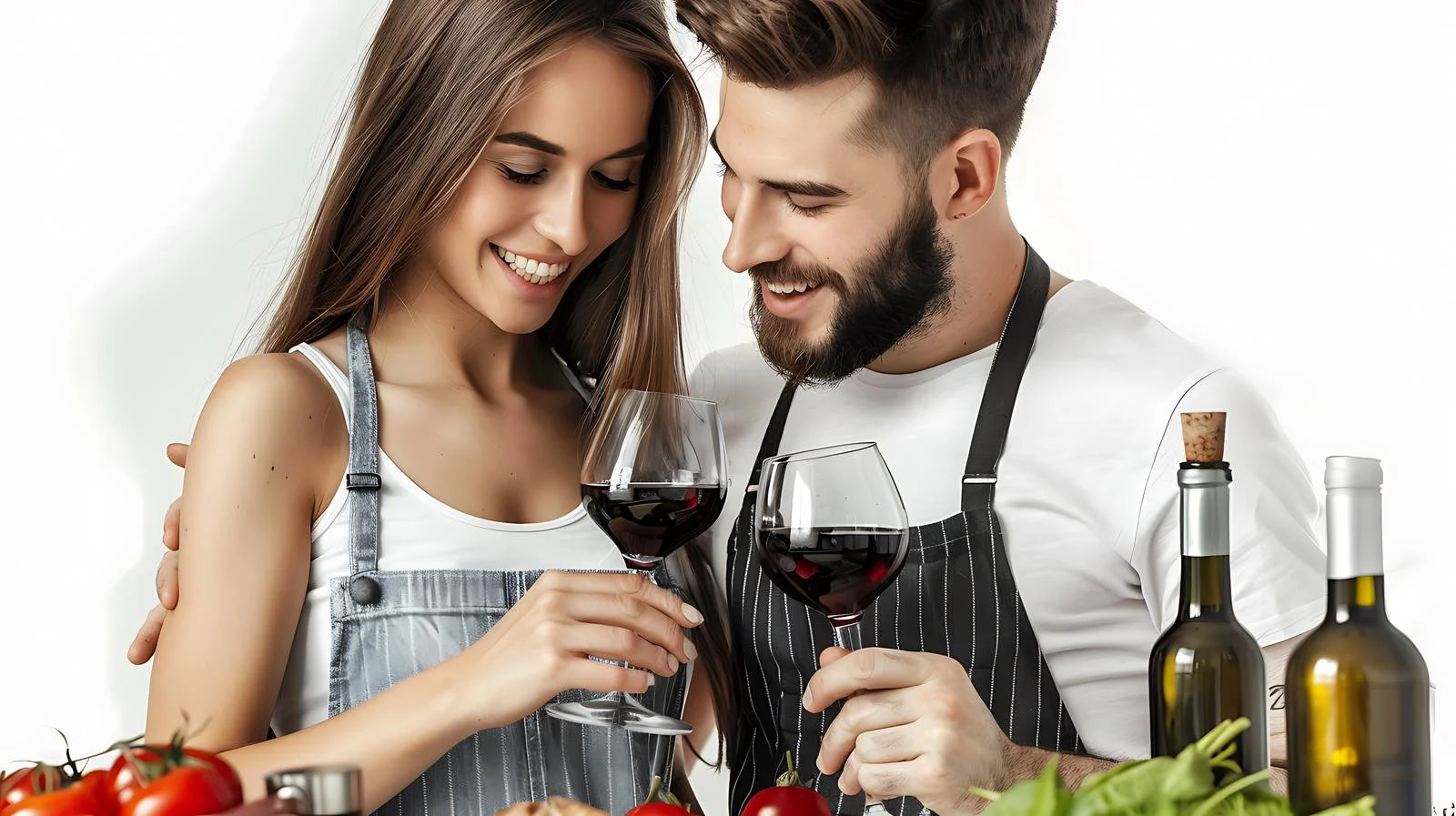 Joyful couple cooking and savoring wine — free download from Dotvec