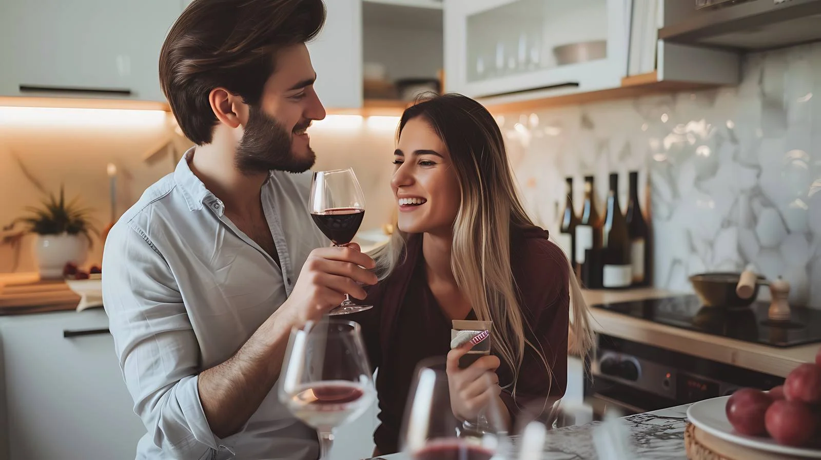Joyful Couple Enjoying Wine in Kitchen — free download from Dotvec