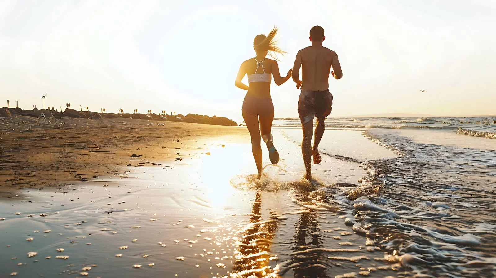Carefree couple jogging along seaside shore — free download from Dotvec