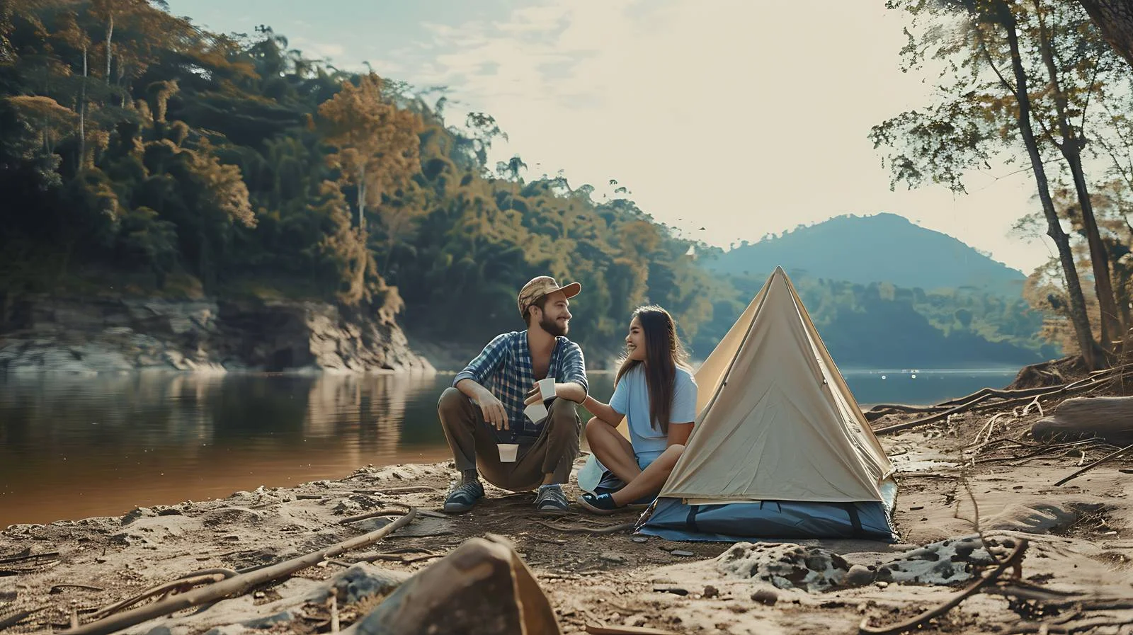 Joyful couple relaxing in tent by riverside — free download from Dotvec