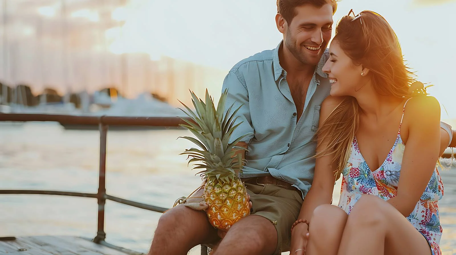 Joyful young couple relaxing on pier by waterfront — free download from Dotvec
