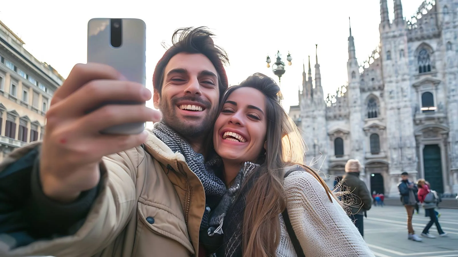 Joyful Couple Selfie in Milan — free download from Dotvec