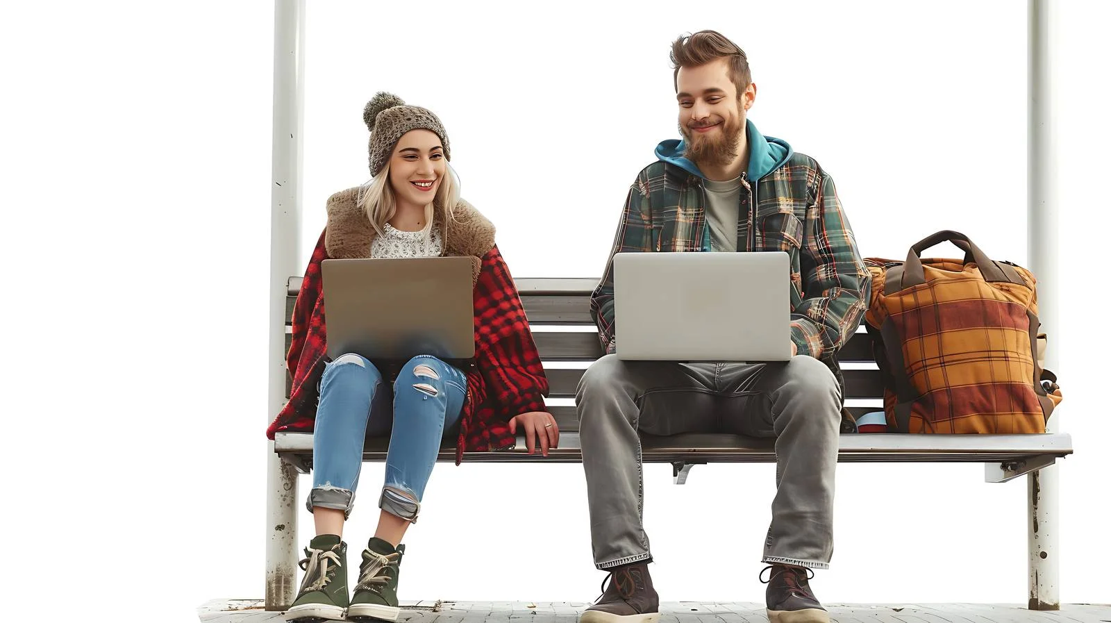 Young Couple with Laptop at Tram Stop — free download from Dotvec