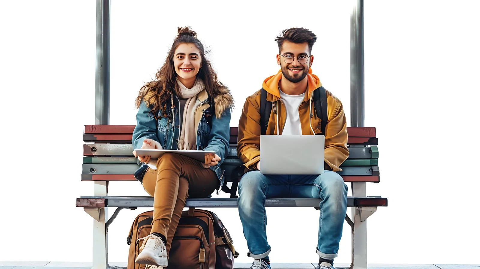 Modern Couple Working at Tram Stop — free download from Dotvec