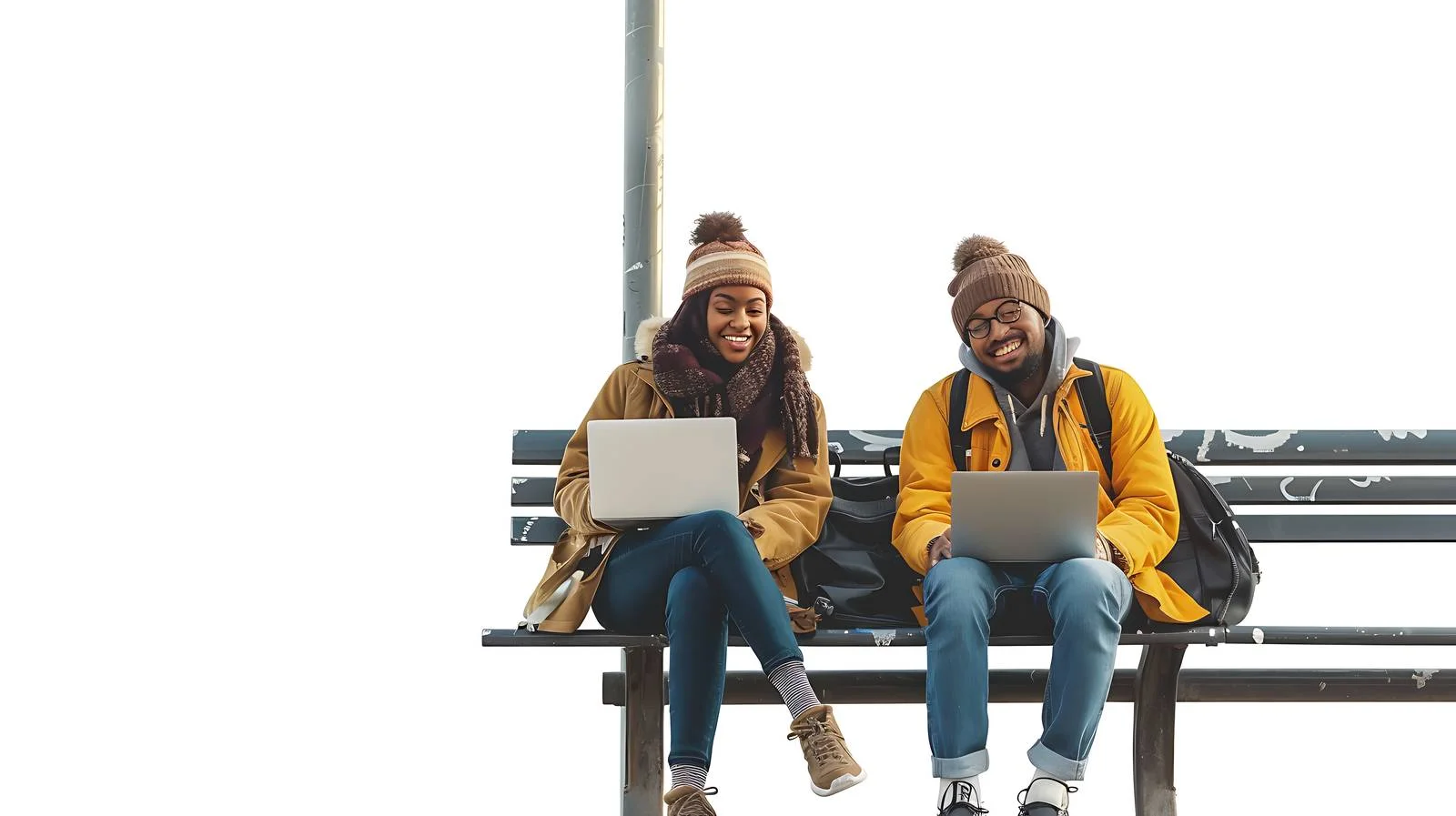 Young Couple Using Laptop at Tram Stop — free download from Dotvec