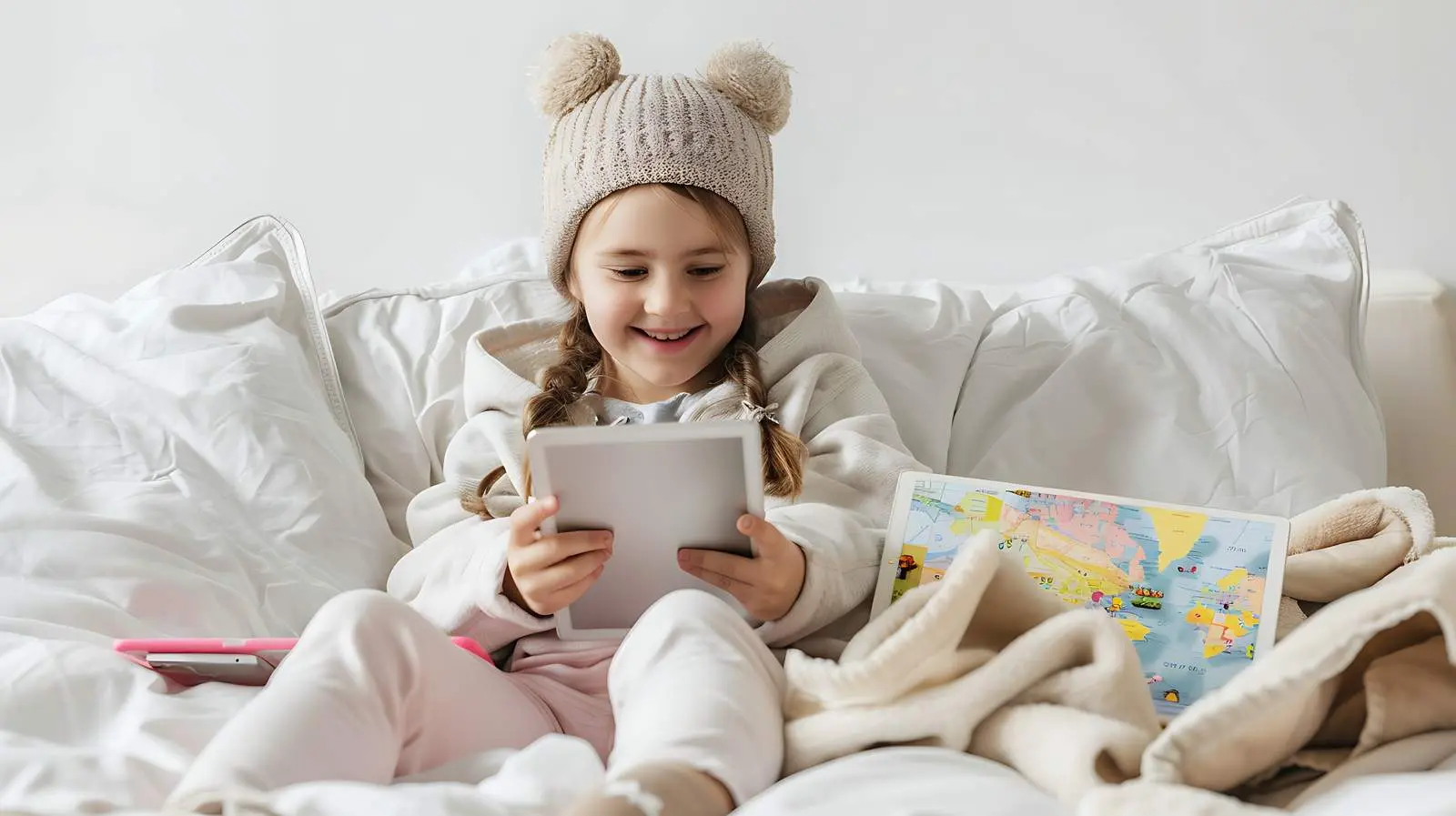 Young Girl in Bed Using Phone and Tablet — free download from Dotvec