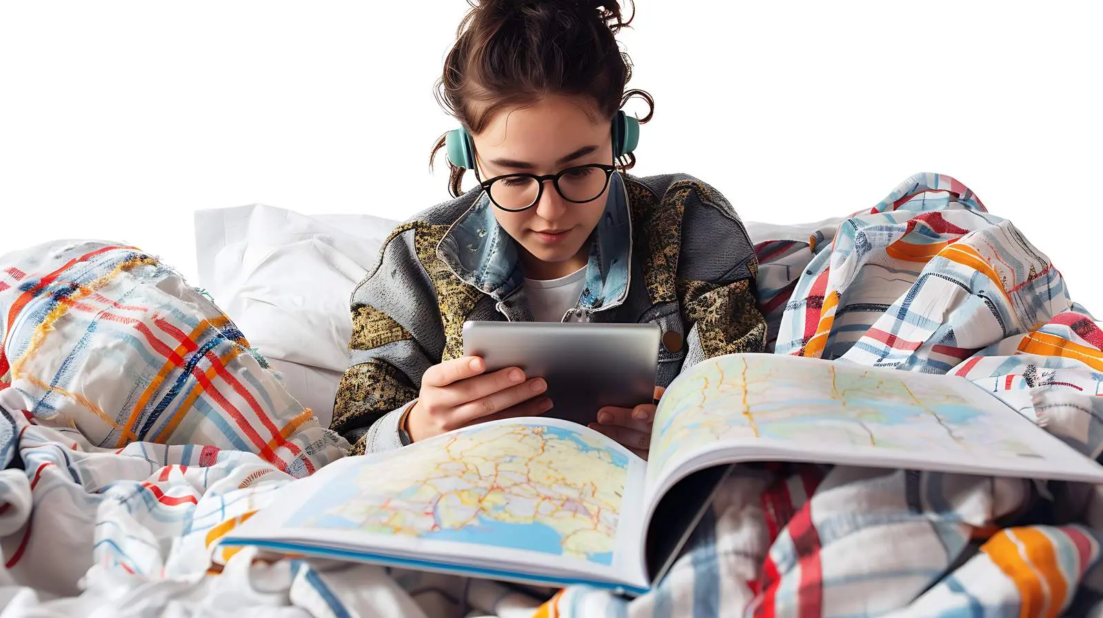 Happy Girl Using Phone and Tablet in Bed — free download from Dotvec