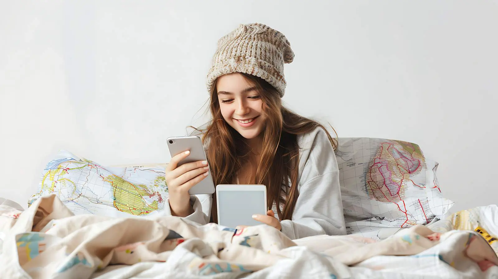 Happy Young Girl Using Phone and Tablet in Bed – free youthful energy image from Dotvec