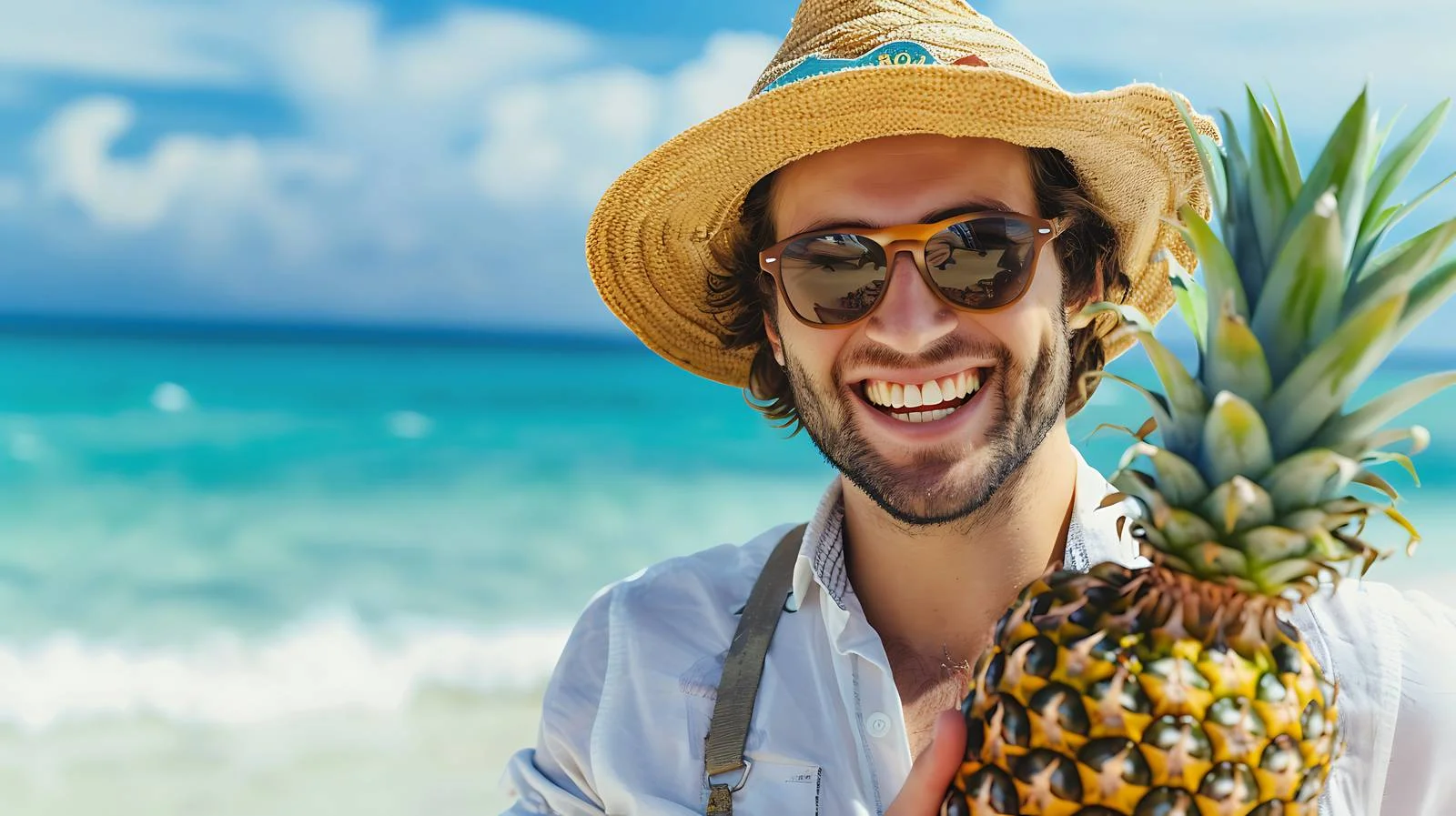 Joyful Man Enjoying Pineapple by Ocean — free download from Dotvec
