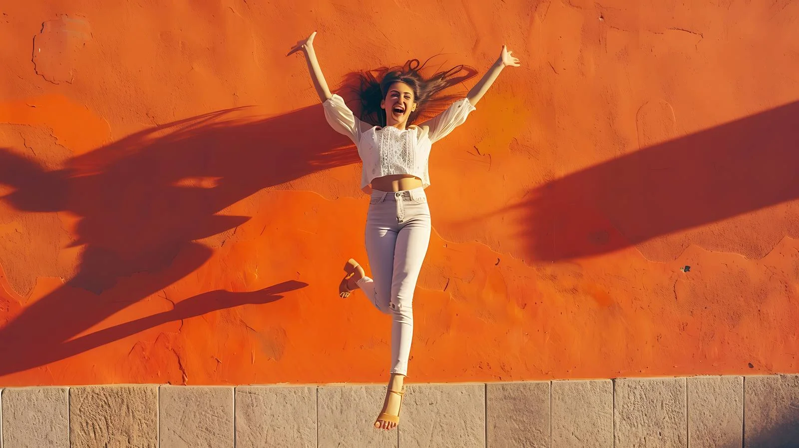 Energetic young lady leaping joyfully outdoors — free download from Dotvec