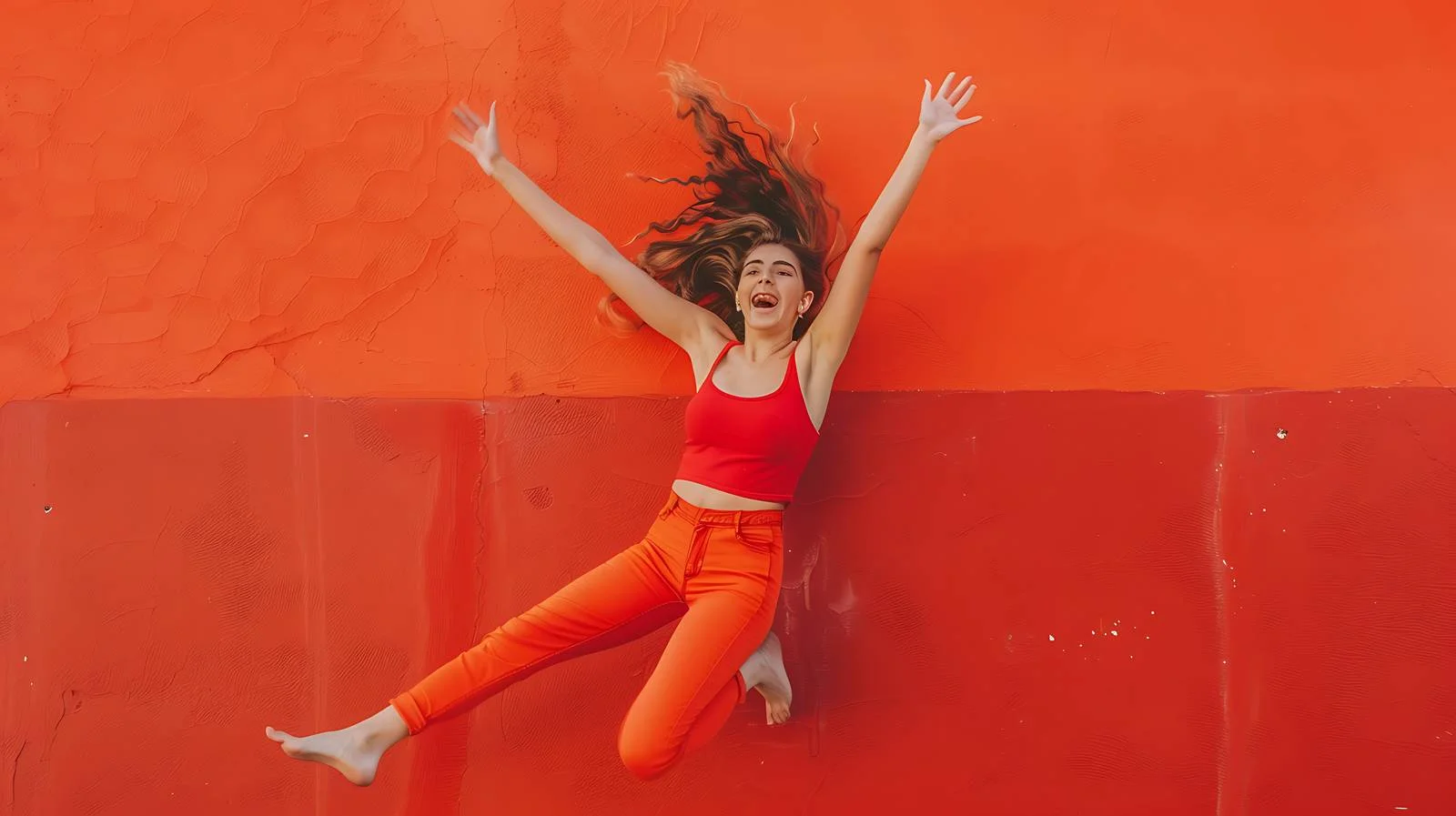 Energetic Young Woman Leaping Joyfully Outdoors — free download from Dotvec