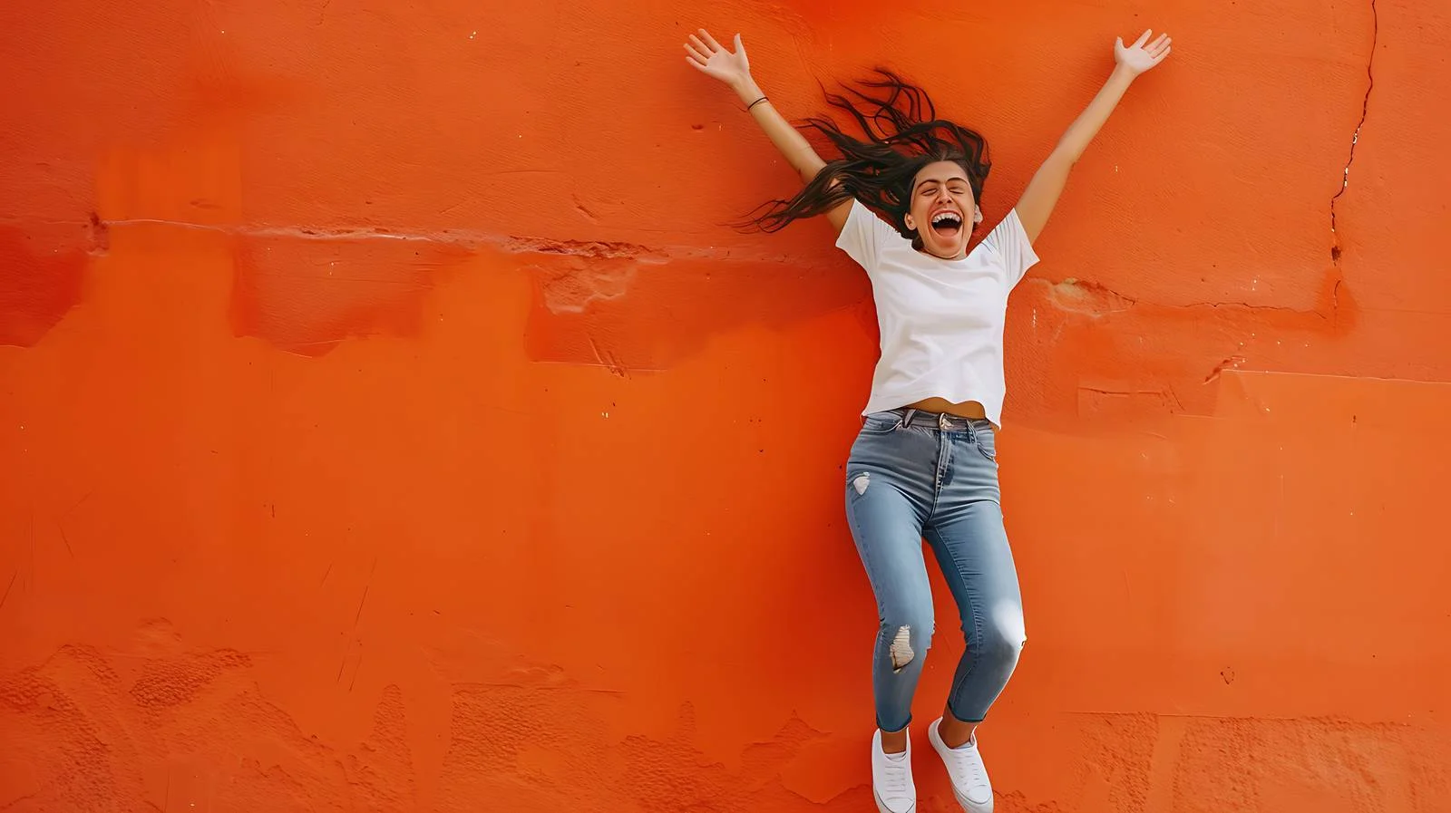 Joyful woman leaping with outstretched arms — free download from Dotvec