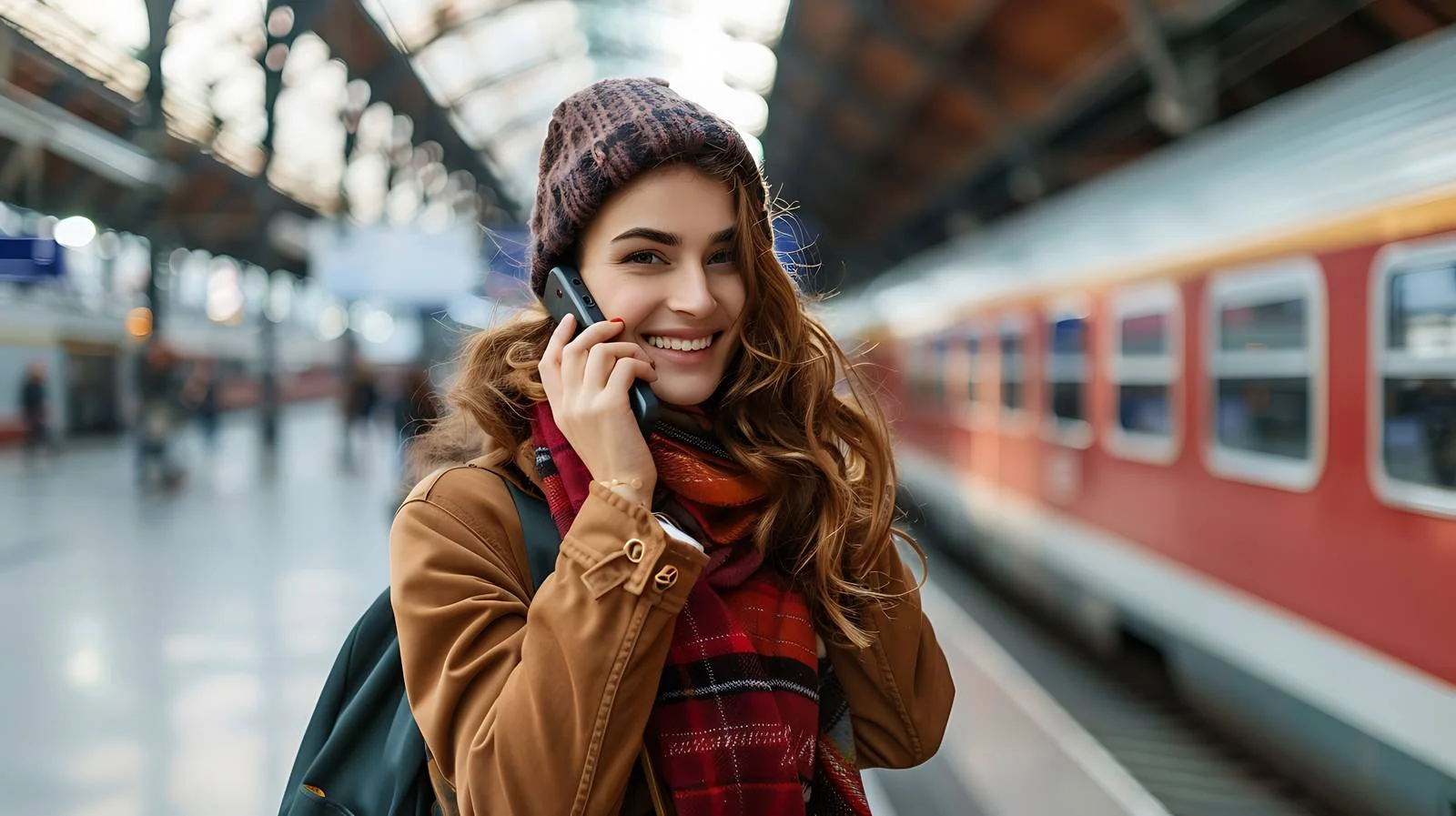 Joyful girl chatting on phone at station — free download from Dotvec