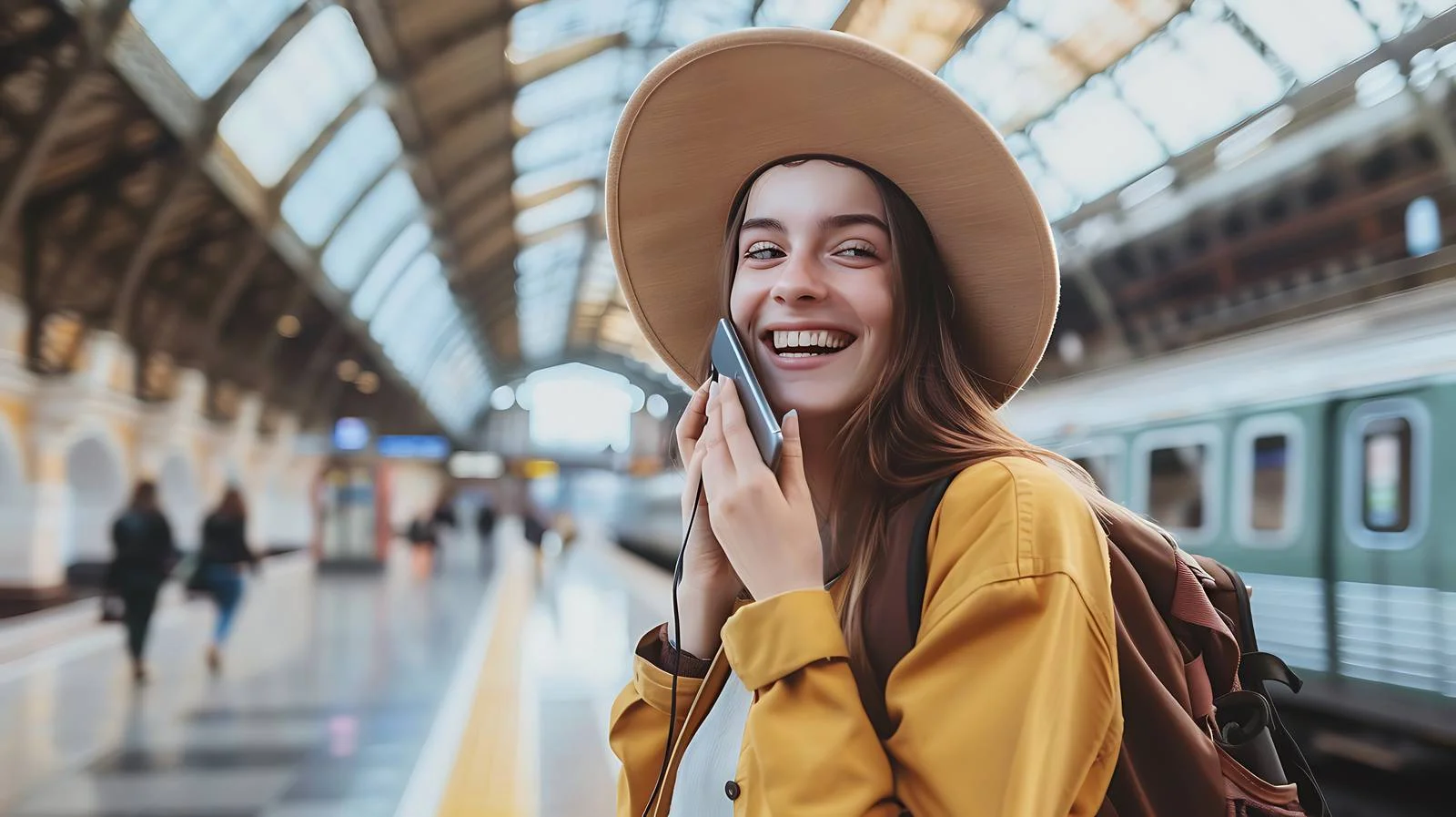 Joyful Woman at Train Station Call — free download from Dotvec