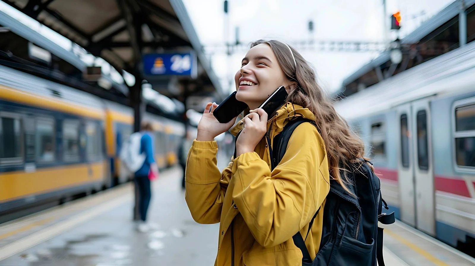 Young Woman at Train Station Talking — free download from Dotvec