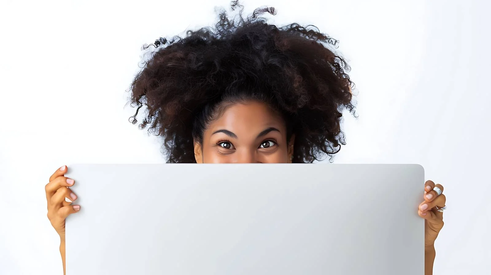 Curious Woman Peeking Behind Computer Screen — free download from Dotvec