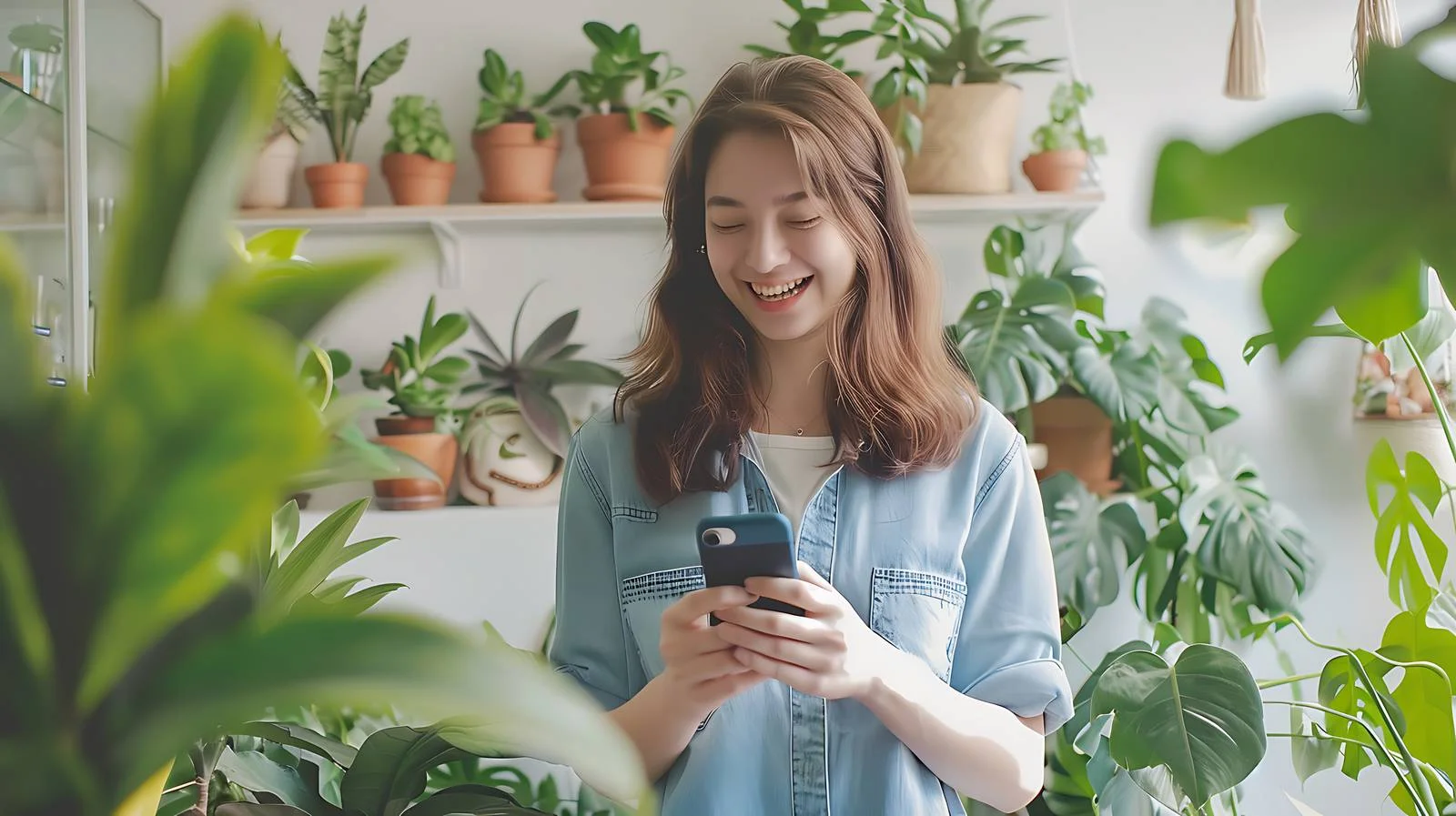 Smiling woman with cellphone in boutique — free download from Dotvec