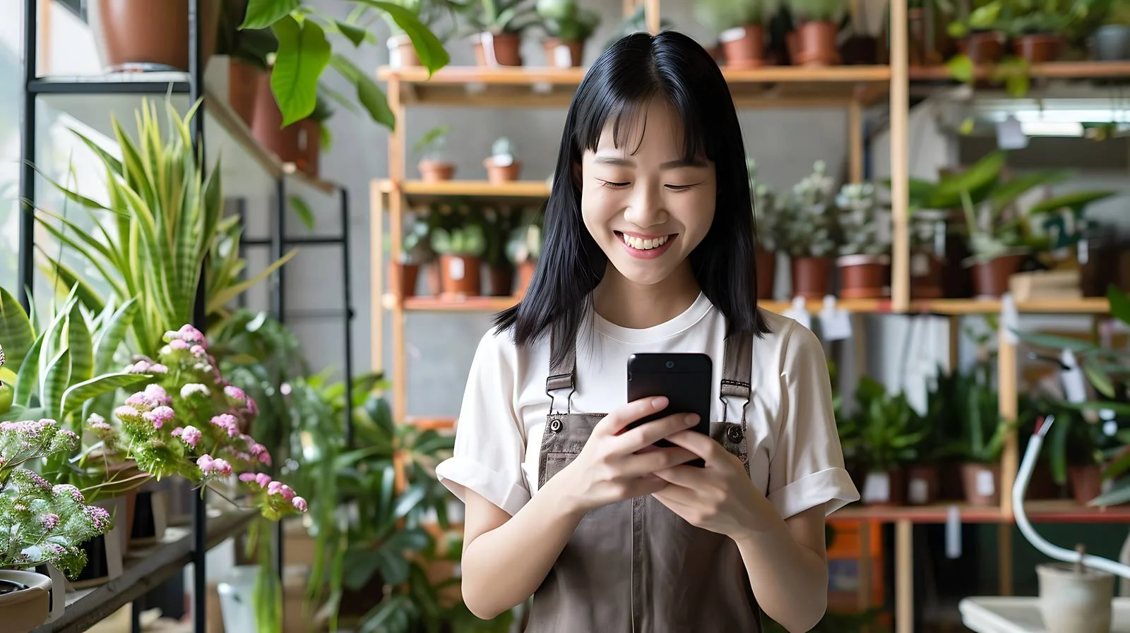 Joyful woman browsing on smartphone in boutique — free download from Dotvec