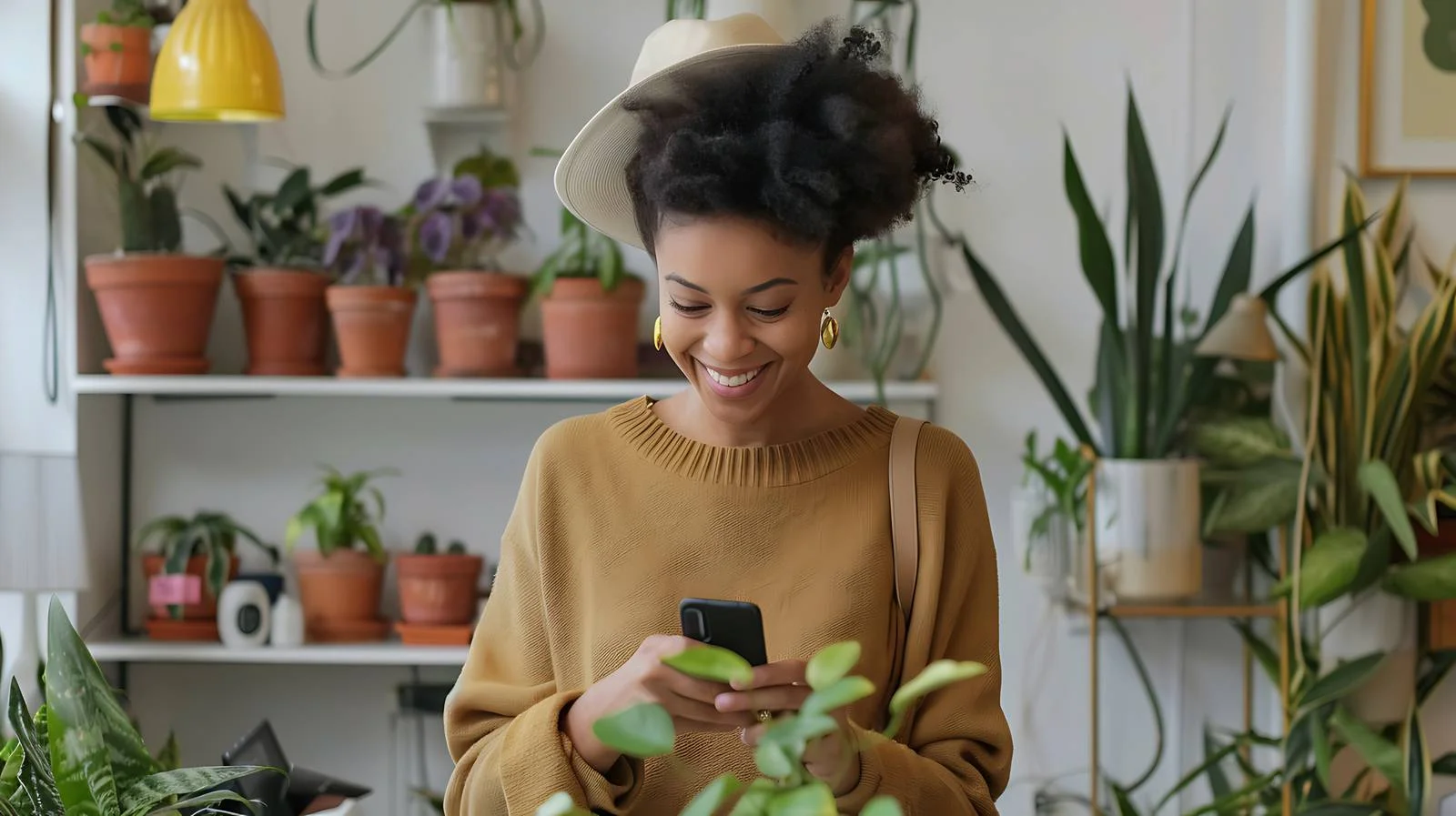 Joyful woman browsing on smartphone in boutique — free download from Dotvec