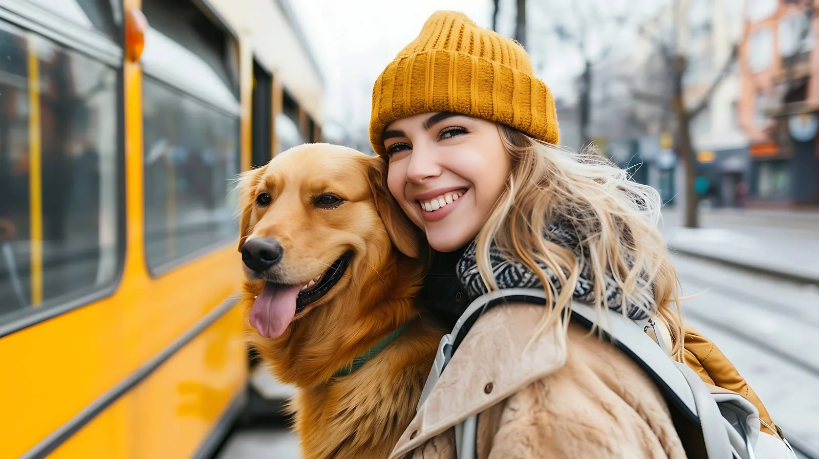 Joyful Woman with Dog at Tram Stop — free download from Dotvec