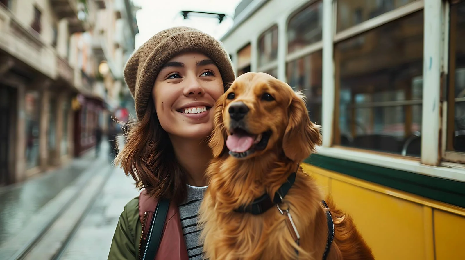 Cheerful Woman with Dog at Tram Station — free download from Dotvec