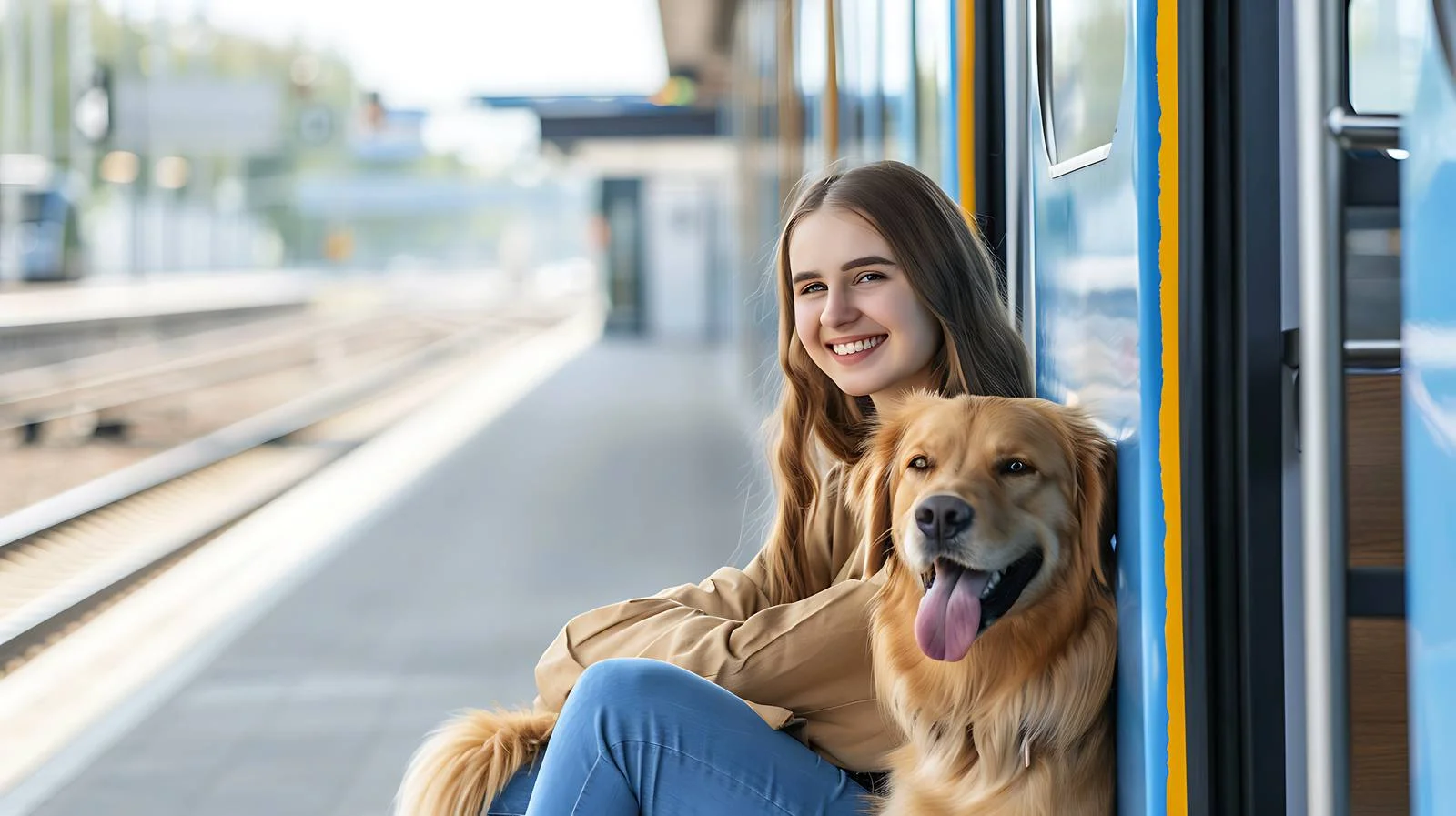 Joyful Woman with Dog at Tram Station — free download from Dotvec
