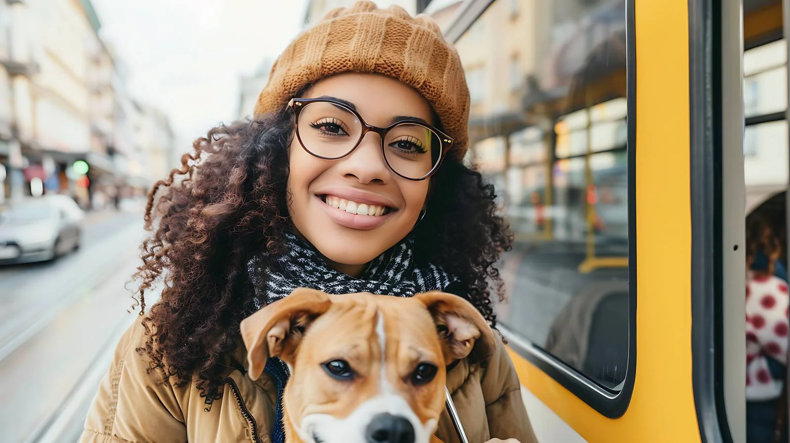 Joyful Woman with Dog at Tram Station — free download from Dotvec