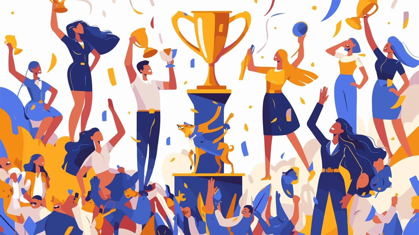 Triumphant champions celebrating with golden trophies — free download from Dotvec