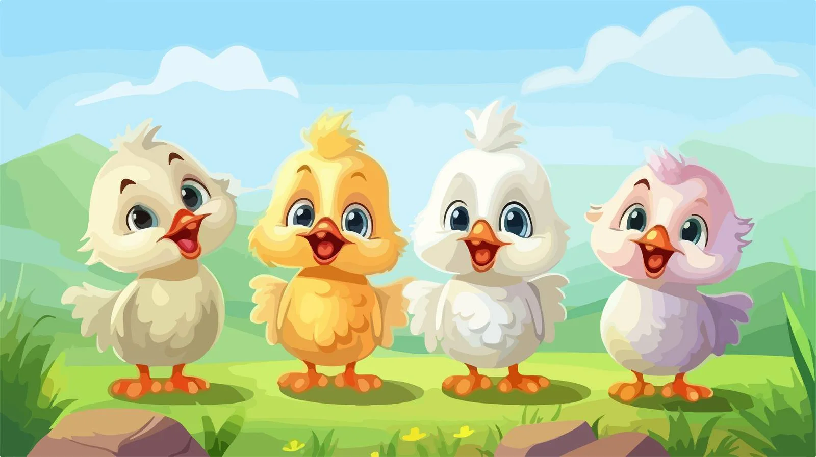 Cheerful Chicken Flock in Cartoon Landscape — free download from Dotvec