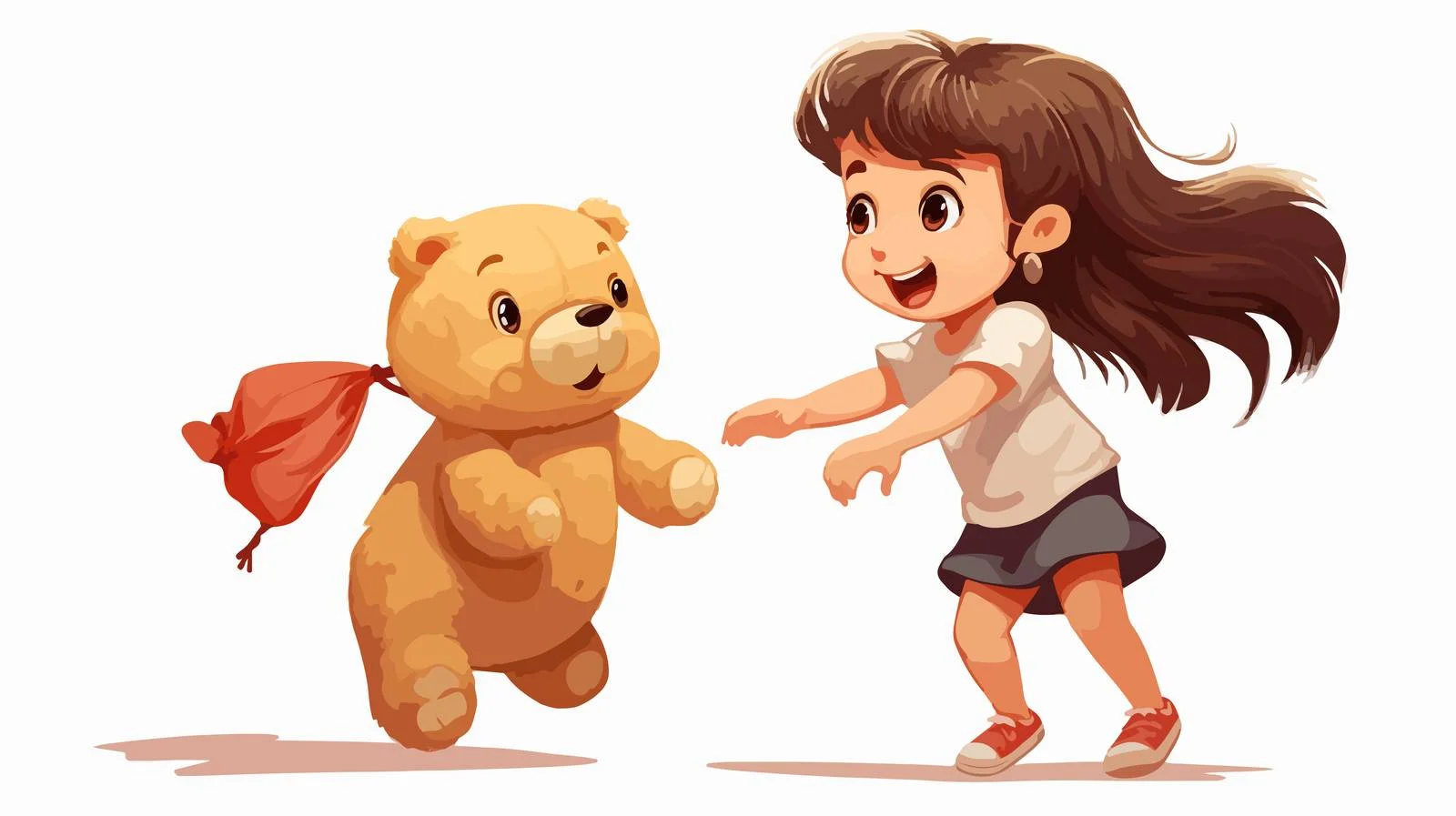 Joyful Girl Pulling Teddy Bear Cartoon Bag — free download from Dotvec
