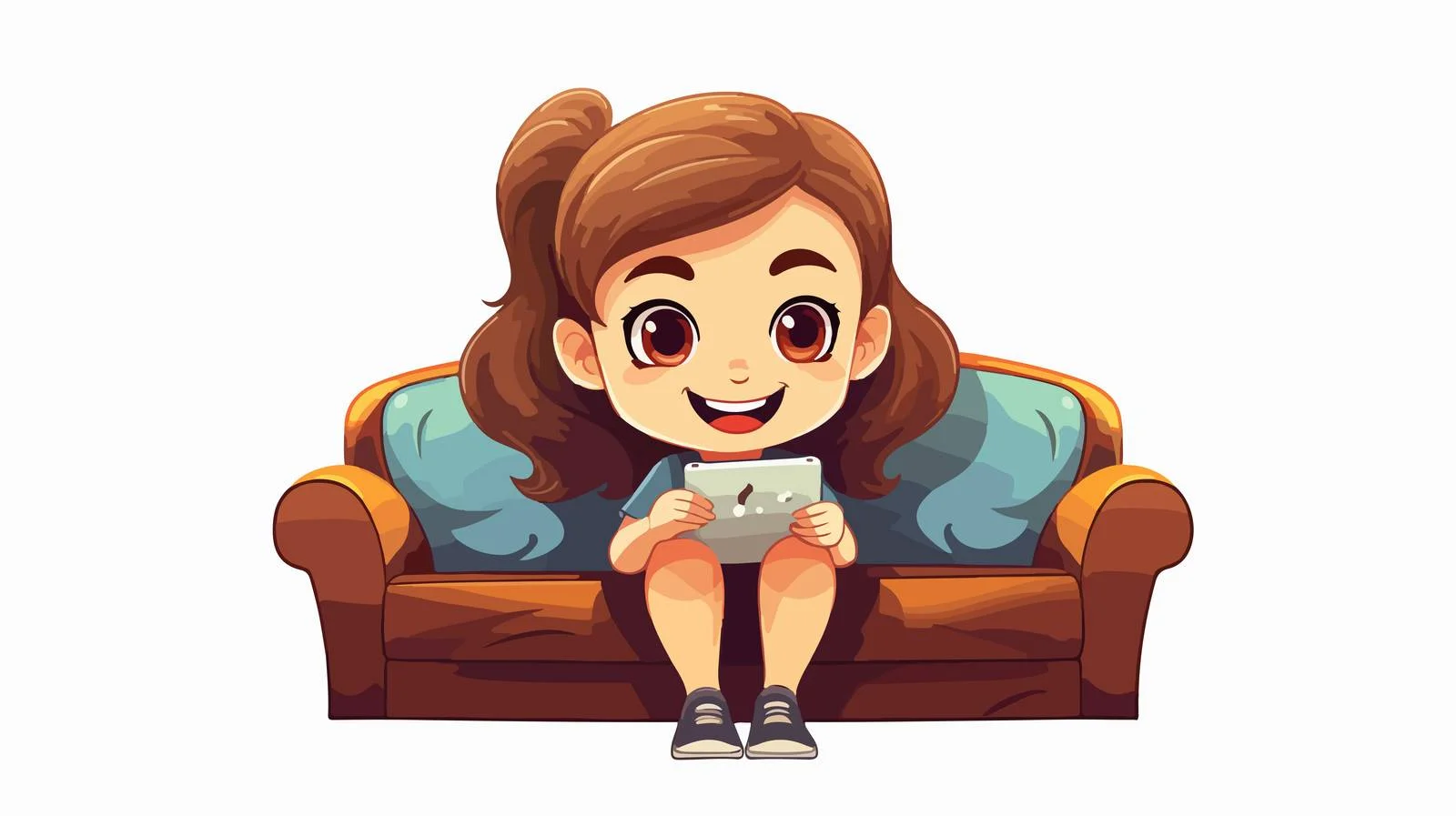 Joyful Child Using Smartphone on Cartoon Sofa — free download from Dotvec