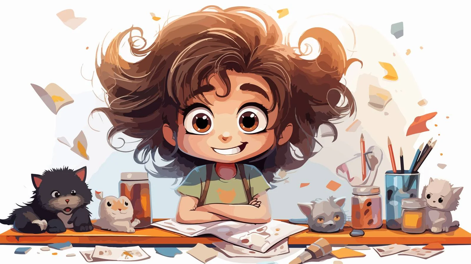 Cheerful Child with Cluttered Desk Cartoon — free download from Dotvec