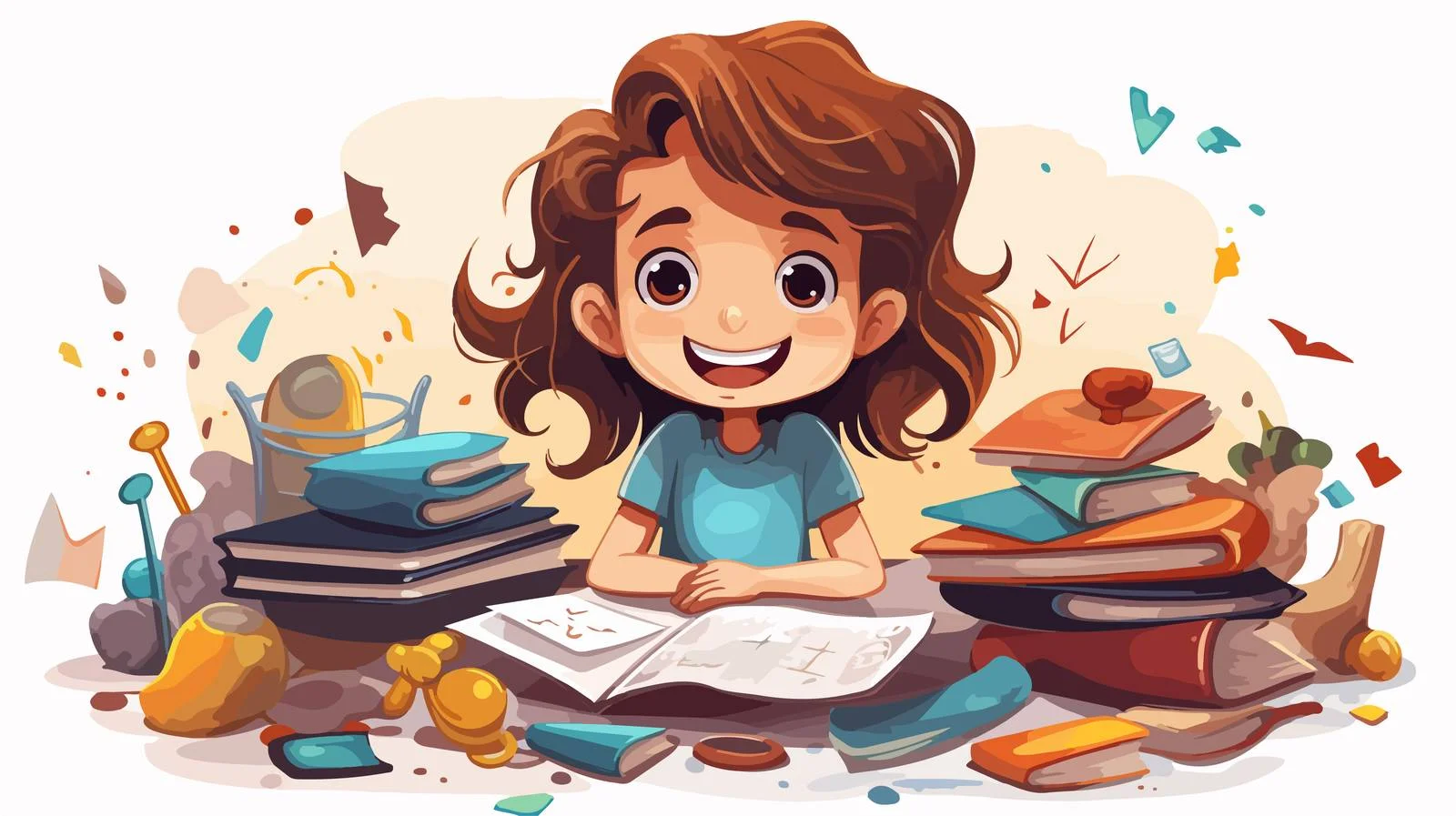 Cheerful Kid With Cluttered Desk Cartoon — free download from Dotvec