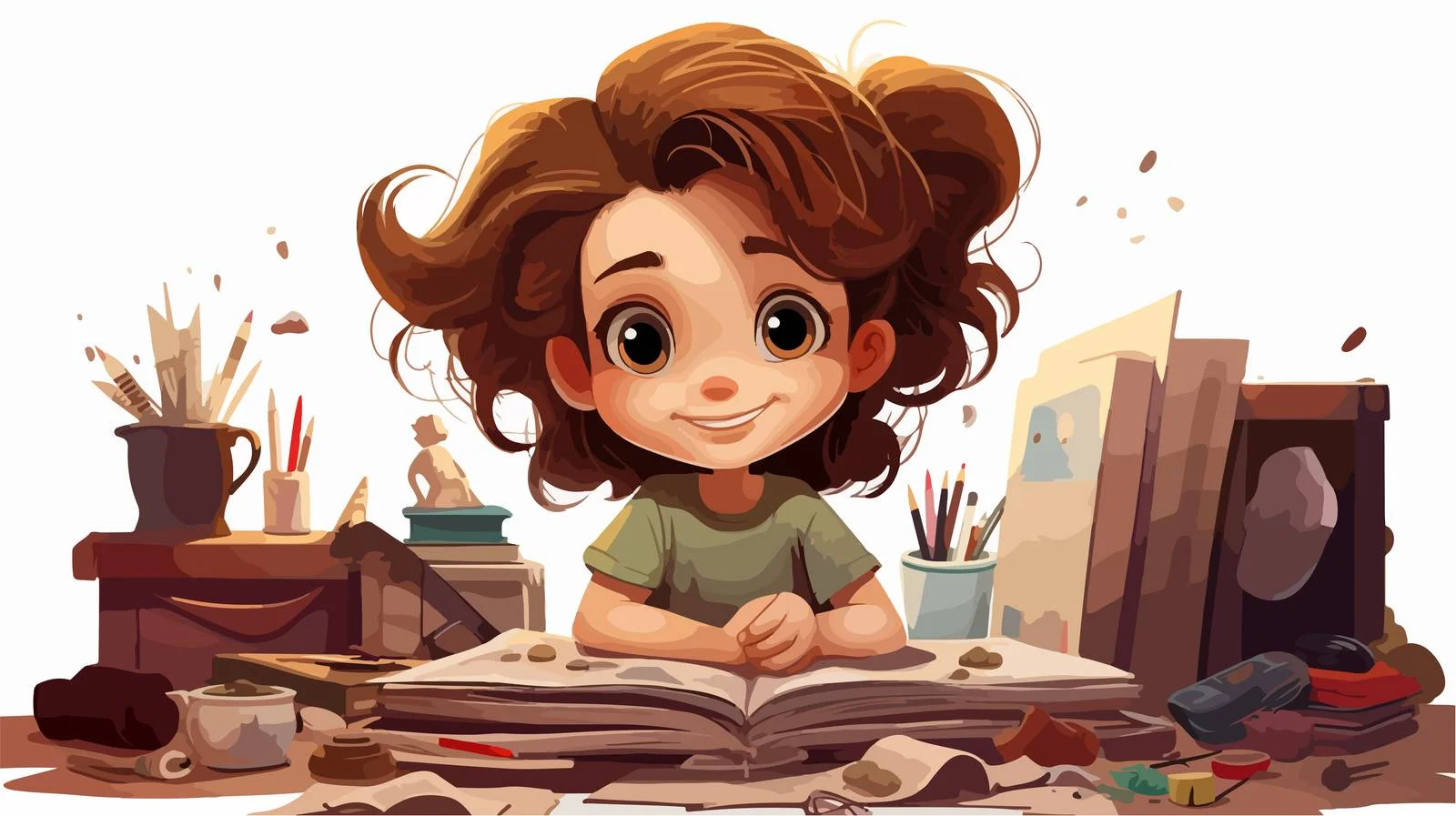 Cheerful Girl with Cluttered Desk Cartoon — free download from Dotvec
