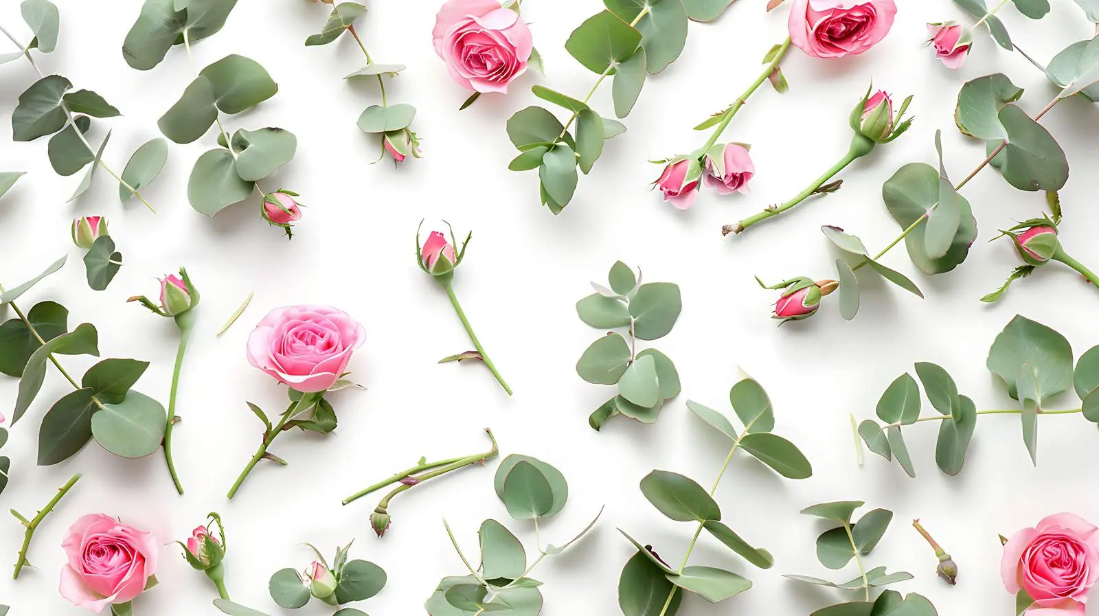 Eucalyptus Branches with Pink Rose Buds on White — free download from Dotvec