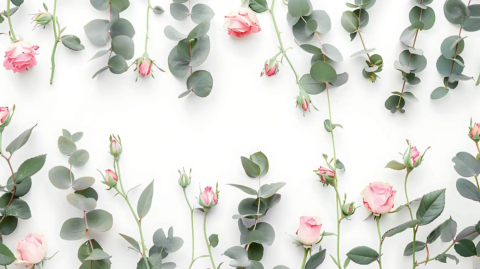 Eucalyptus Branches with Pink Rose Buds on White — free download from Dotvec