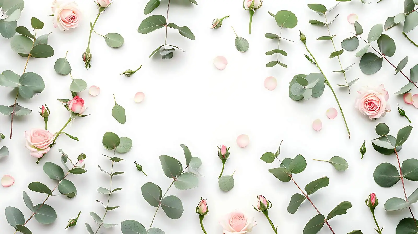 Eucalyptus Branches with Pink Rose Buds on White — free download from Dotvec