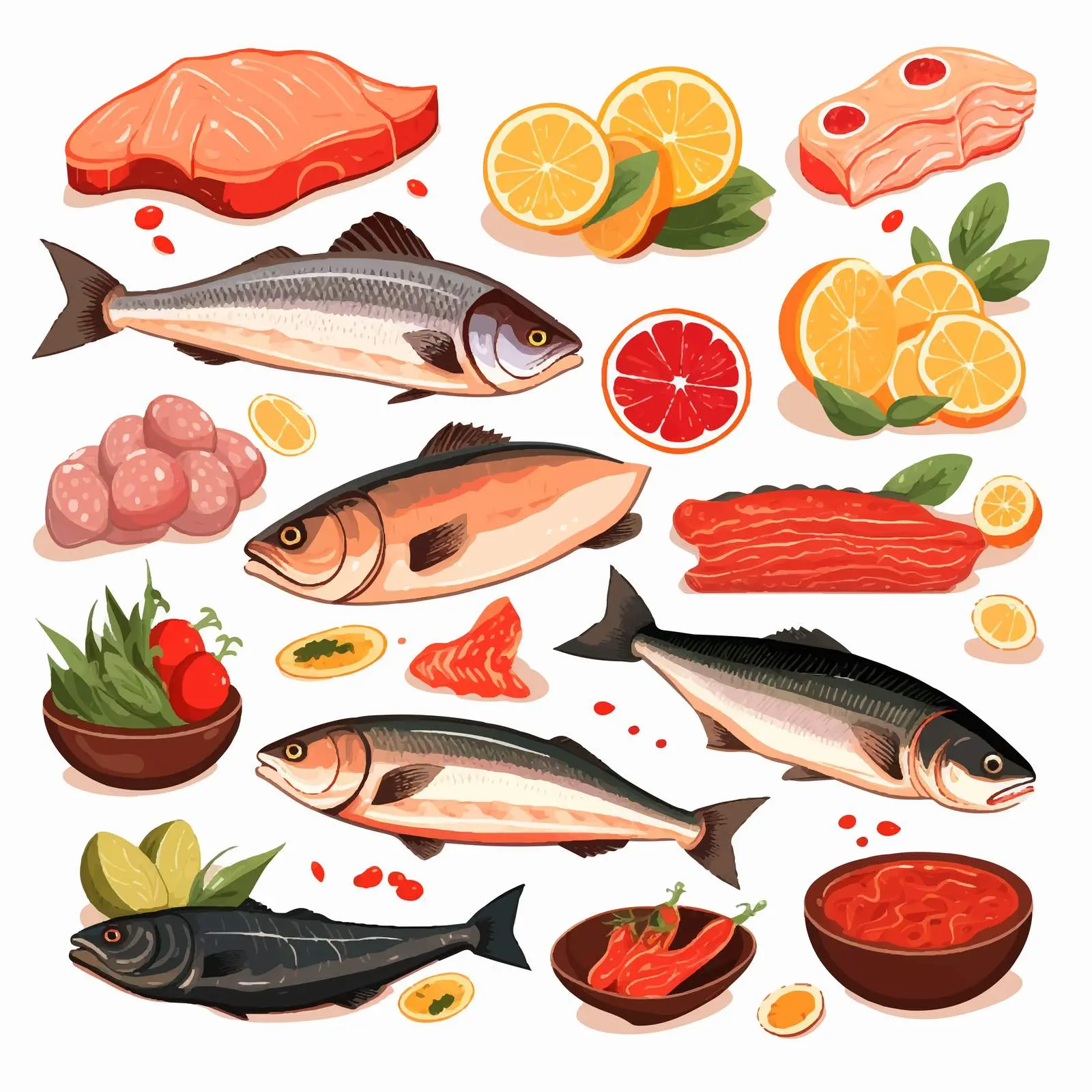 Healthy Seafood and Meat Grocery Vectors — free download from Dotvec