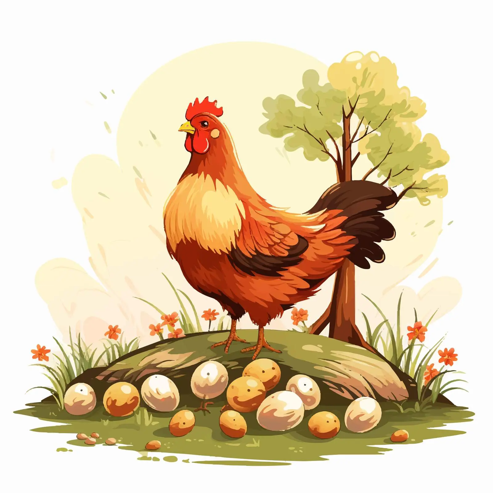 Hen and Chicks under Trees Vector Illustration — free download from Dotvec