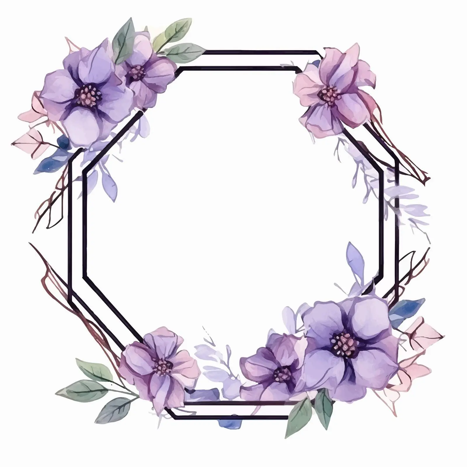 Hexagon Frame with Purple Flowers and Leaves — free download from Dotvec