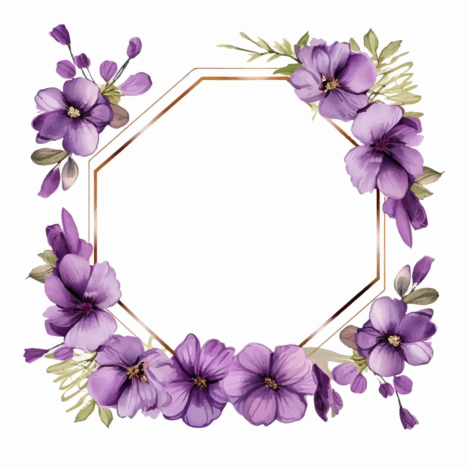 Hexagon Frame with Purple Flowers and Leaves — free download from Dotvec