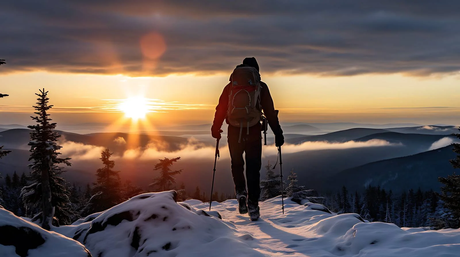 Winter Sunrise Hiker Silhouette in White — free download from Dotvec